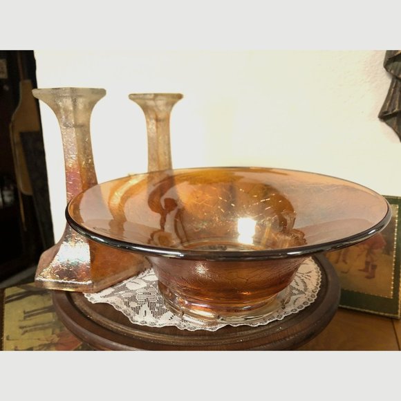 Jeannette Iridescent Marigold Crackle Bowl and Candlesticks Autumn Fall Thanksgi